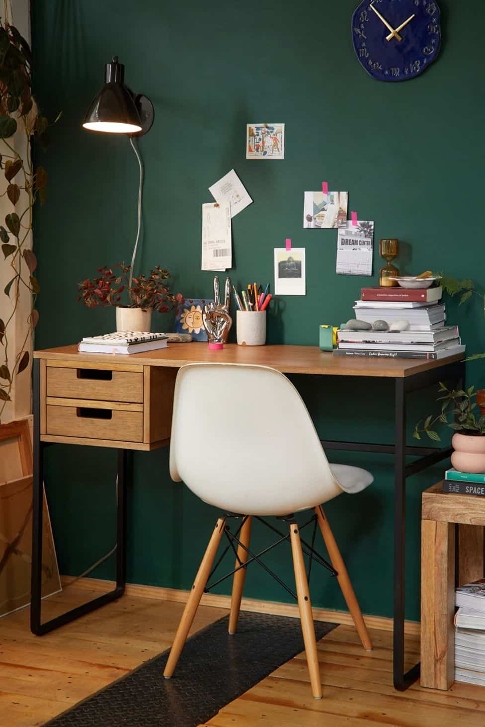 urban outfitters desk with green wall, home office with green wall