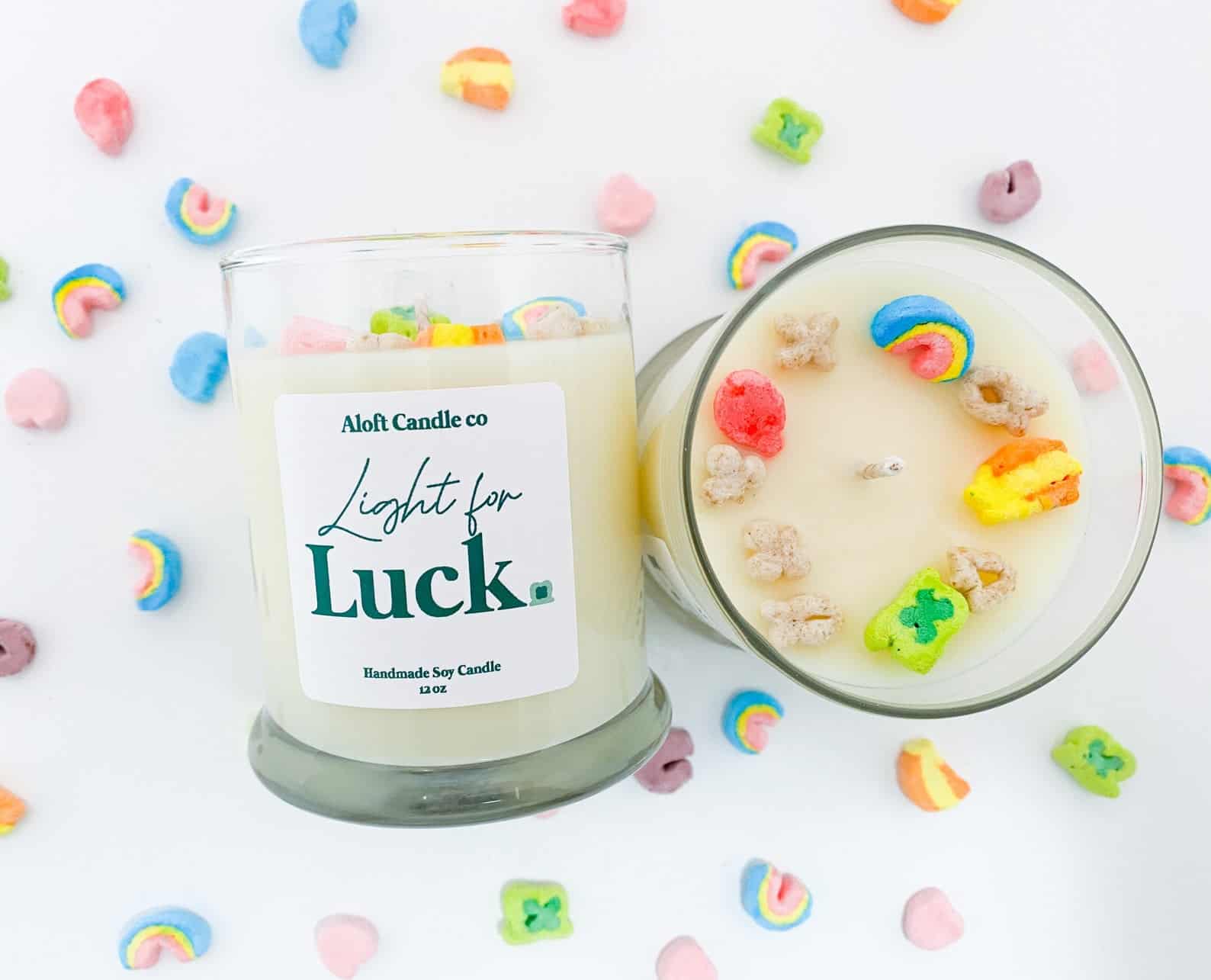 soy jar candle with lucky charms around it