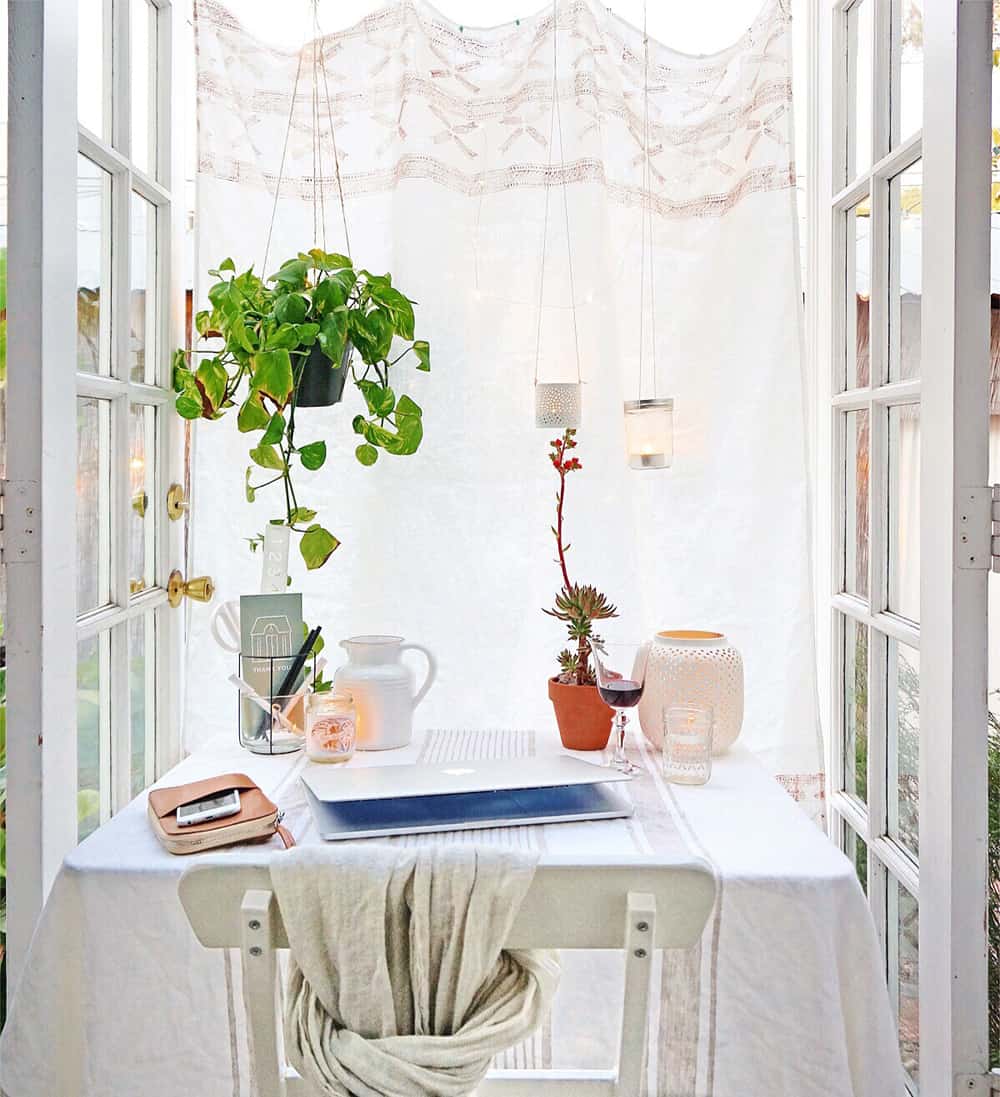 small home office in front of patio doors