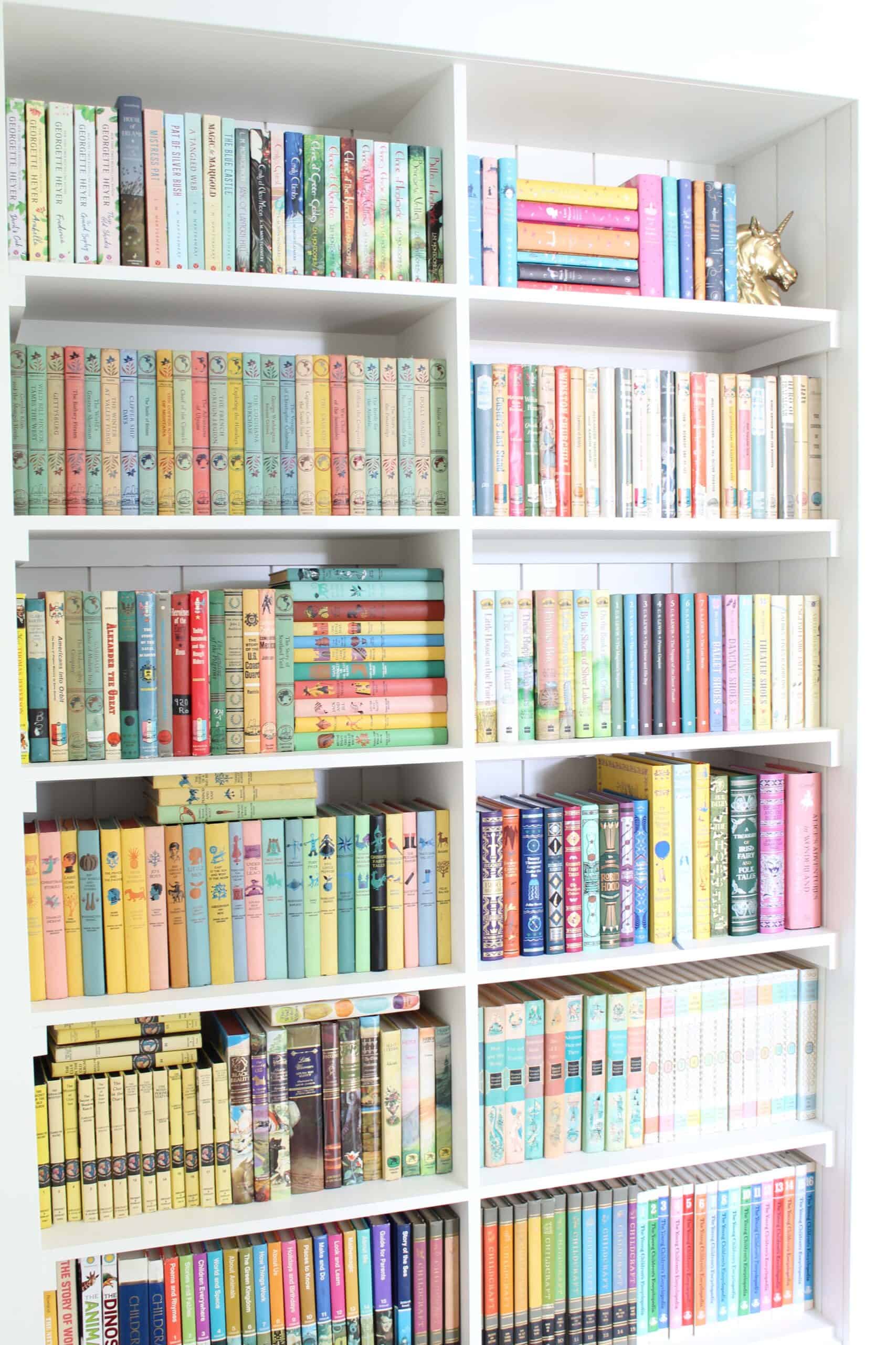 a closet converted into a bookshelf with colorful books and shiplap